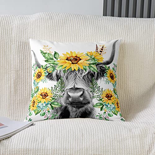Set of 2 Highland Cow Throw Pillow Covers Highland Cattle Sunflower Cushion Case for Home Living Room Decor Reversible Animal Botanical Yellow Floral Decorative Throw Cushion Case 22x22 Inch - Image 2