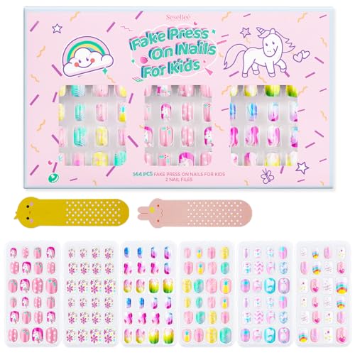 144 Piezas de Uñas Postizas Artificiales Cortas Para Niñas,Sin Decoloración, Estable, Rápido, Con Pegamento Previo, Cubierta Completa, Unicornio Arcoiris Kit de Puntas Acrílicas Para Uñas (Unicornio)