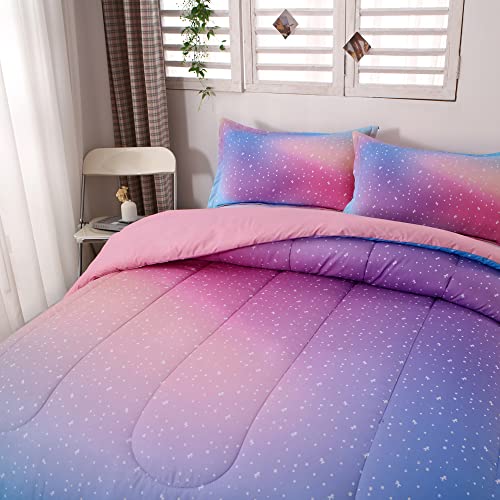 Rainbow Comforter Set For Girls Star Pink Bedding Unicorn Galaxy Bedding Sets Digital Print Girls Queen Bedding Set Pink Reversible Comforter Set(Queen, Pink) #TOP2