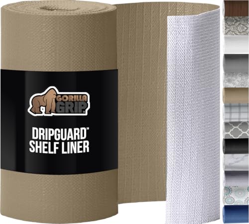 Image of GORILLA GRIP DripGuard Shelf Liner, Non-Adhesive Drawer and Kitchen Cabinet Protector, Strong Grip Slip Resistant Underside, Smooth Surface Liners for Cabinets, Bathrooms, Closets, 12x240 Inch, Beige