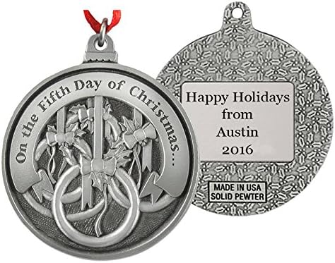Indiana Metal Craft Fifth Day of Christmas Pewter Ornament – Personalized Christmas Ornament with Custom Engraving, 2.25 Inch Cast Pewter Holiday Keepsake with Red Ribbon and Gift Box, Made in USA