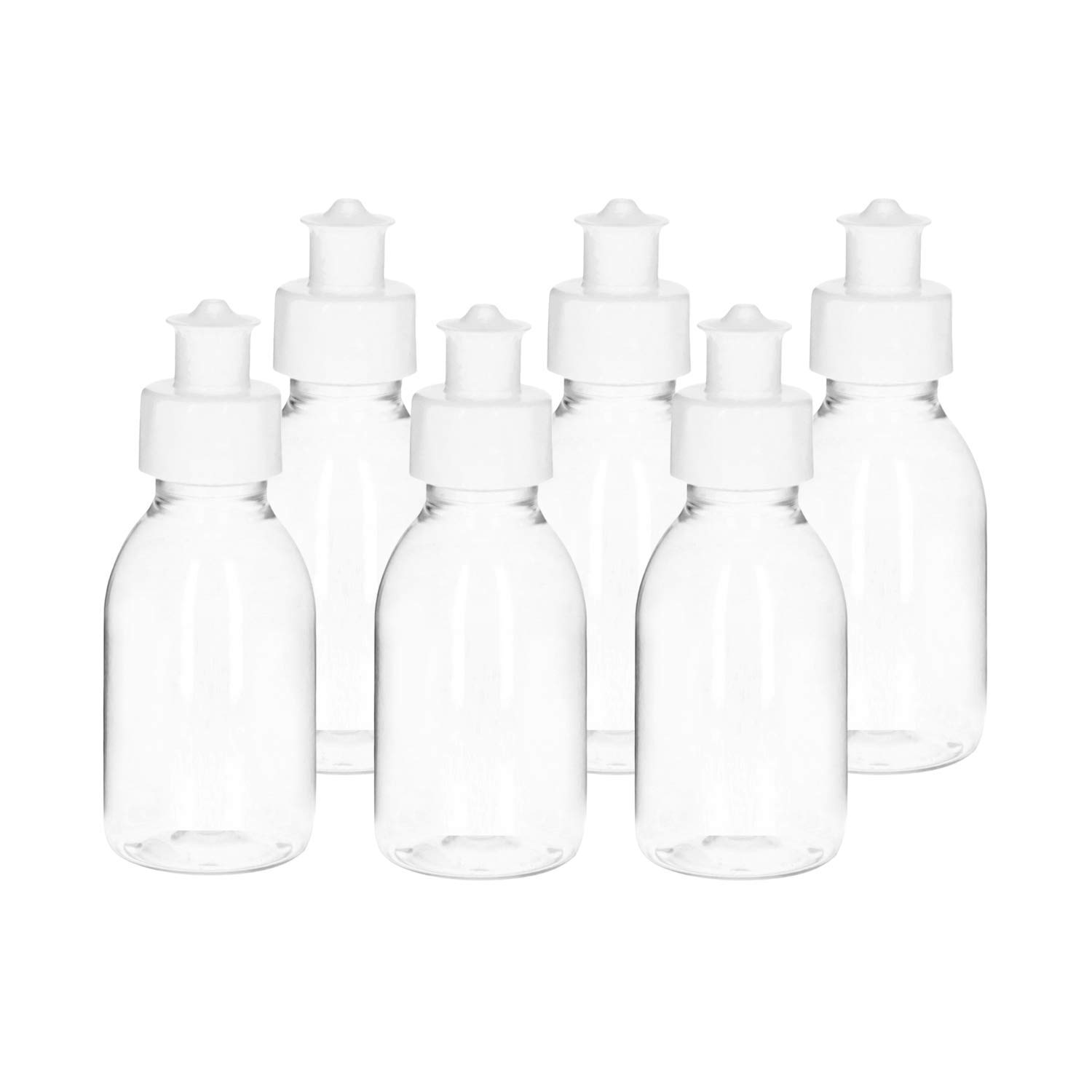VENTON Juego de 6 botellas de plástico vacías para rellenar, 100 ml, botellas de plástico transparentes con tapa push-pull, recipiente de viaje, botellas de relleno, pequeños frascos vacíos de 100 ml