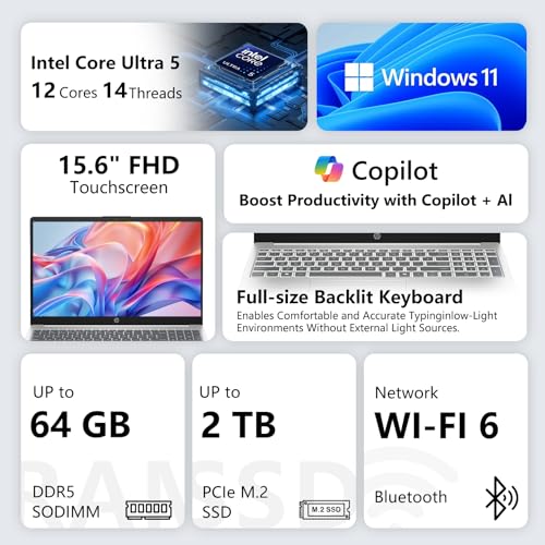 HP Laptop Premium 15.6" FHD Touchscreen Intel Core Ultra 5 32GB DDR5 2TB SSD miniatura 2