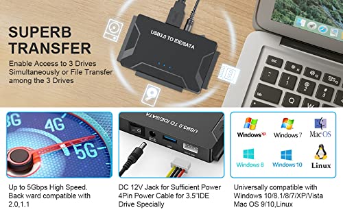 Eyoold Usb 3.0 To Sata Ide Adapter W/12V Power Adapter, External Hard Drive Reader Converter For Universal 2.5" 3.5" Hdd/Ssd Cd/Dvd Optical Drives #TOP3