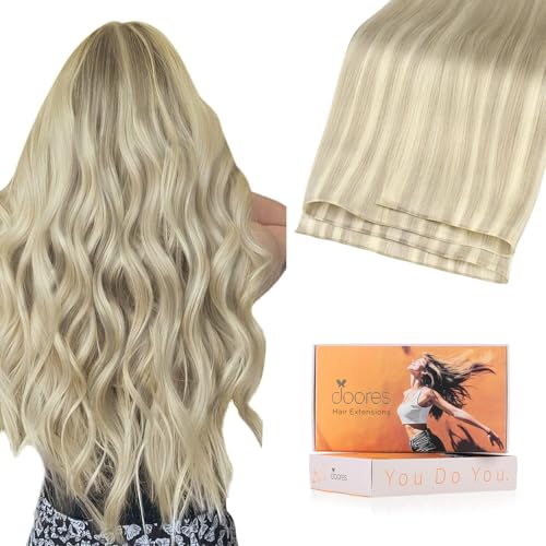 Image of DOORES Genius Seamless Weft Hair Extensions Human Hair, Ash Blonde Highlighted Platinum Blonde 18 Inch 100g, Hand Tied Weft Extension Sew in Natural Straight