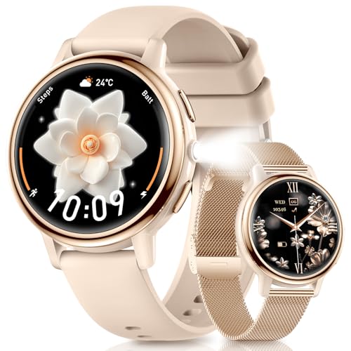 スマートウォッチ レディース 【2025新型 LED懐中電灯 2種ベルト付き】 丸型 小さめ 1.26インチAMOLED Smart Watch 軽量 女性 Bluetooth5.3通話機能付き LINE/メッセージ通知 100種類運動モード 音楽 カメラ