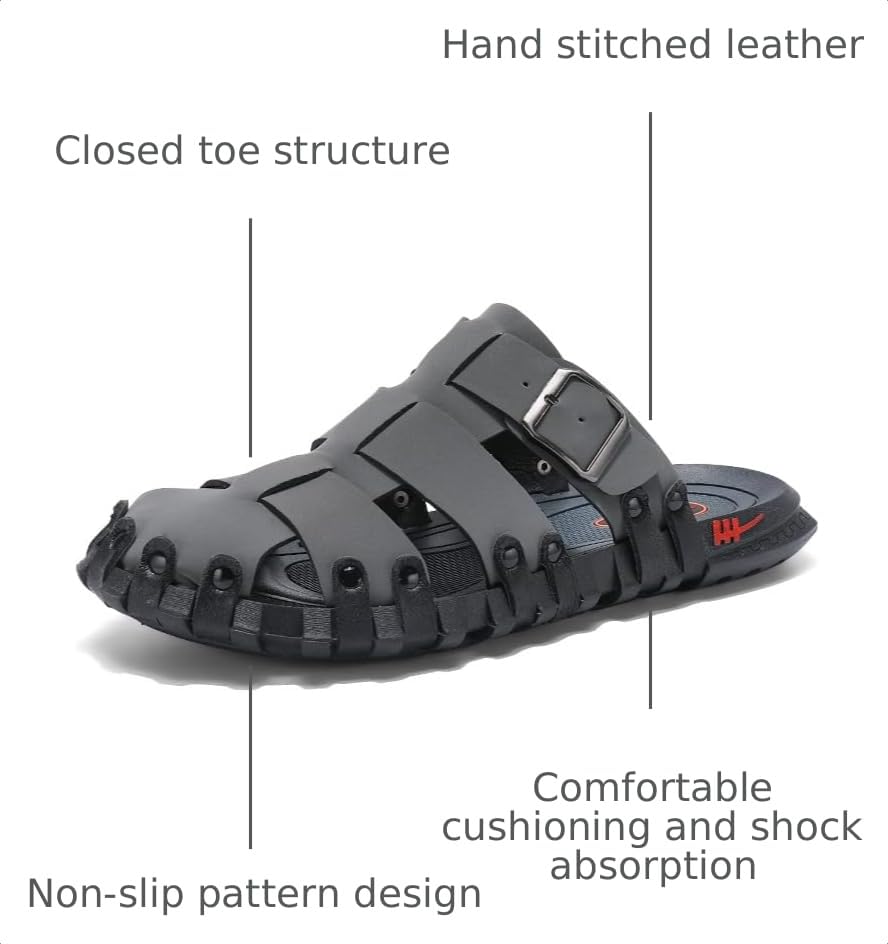 Image of Mens Leather Beach Slides Sandals For Men Closed Toe Hiking Outdoor Athletic Casual Walking Sandals Water Shoes Summer Fisherman