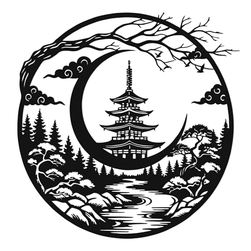 JEWLOVE Japanese Bonsai Torii Gate Metal Wall Art, Zen Night Scene Decor