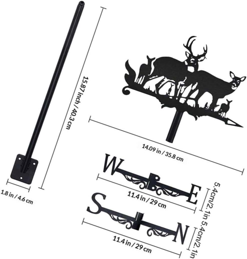 NUOBESTY Outdoor Garden Weathervane Deer Set Iron Wind Direction Indicator Lawn Weather Vane Decorative Metal Stake for Roof Mount