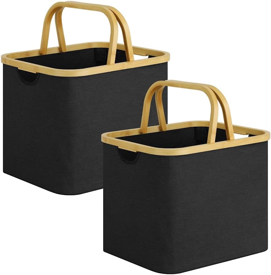 Miniatura 1 de LOVSTORAGE Cesta de lavandería con asa, color negro, 45 litros, cesta de lavado para lavandería con asa plegable, cesta de lavandería para