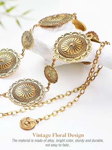 Image of FIORETTO Western Waist Chain Belt Metal Concho Belt for Women Cowgirl Cowboy Boho Country Belt for Dress Jean