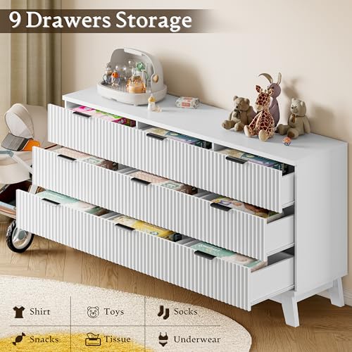 Image of BORNOON 63 inch Long Dresser for Bedroom, 9-Drawer Fluted Dresser, Extra-Wide Wood Chest of Drawers with Smooth Metal Slides, Stable Base, Modern Clothes Storage Cabinet for Living Room, Hallway, Nursery