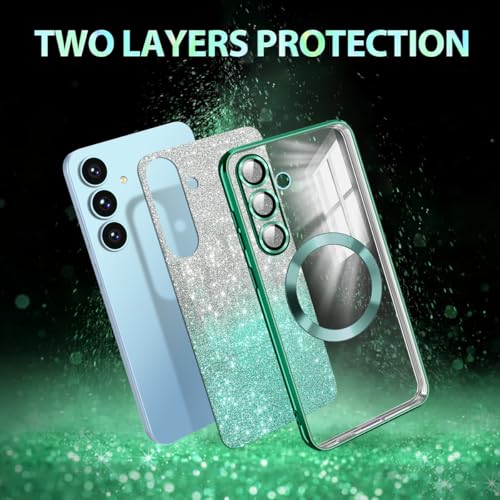 Casetego for Galaxy S25 Plus 5G Case,Compatible with MagSafe,Clear Magnetic Glitter Gradient Sparkle Luxury Plated Soft TPU Bumper Full Camera Lens Protector for Samsung Galaxy S25 Plus 5G,Green - image 2