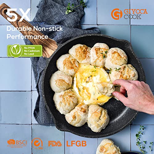 Giyoca Cook Nonstick Granite Frying Pan Skillet,Die-Cast Aluminum Scratch Resistant, Induction Compatible Bottom, Egg Pan Omelet Pans, Chef's Pan, Pfoa Free (9.5 Inches, Marble Black) #TOP4
