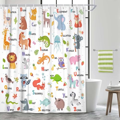 Image of Kids Alphabet Shower Curtain for Bathroom Decor, ABC Educational Learning Tool Bath Curtain,Cute Cartoon Animals Colorful Girls Boys Art Printed Fabric Polyester Waterproof Curtain Sets 12 PC Hooks
