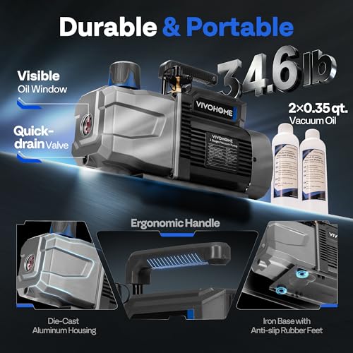 Image of VIVOHOME 1 HP 9.6 CFM 2 Stage A2L HVAC Vacuum Pump, Sparkless Motor for R32 R1234yf R454B R134a R22 R410a Systems, Auto AC Vacuum Pump for Air Conditioner Resin Degassing with Oil Bottle