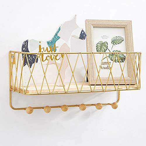 Doxiglobal Wall Mount Mail Holder Room Decor Entryway Storage Organizer Wood Shelf Key Hooks Metal Mail Sorter Coat Rack Wire Mesh Storage Basket For Magazines Wallets Leashes Plant (Gold, L-6 Hooks) #TOP3