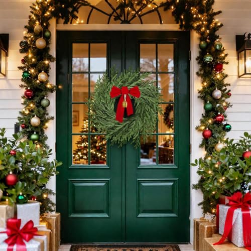Image of 26 inch Christmas Wreath for Front Door, Artificial Wreath with Bow and Bell,Real Touch Pine Winter Wreath Christmas Decoration for Porch,Window,Wall,Thanksgiving Day Harvest Festival