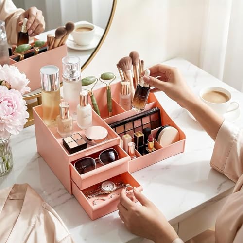 Image of VERAT Makeup Organizer Makeup Box Cosmetic Organizer Shelf Skincare Organizer Organisers for Cosmetics Vanity Organiser Cosmetic Storage Organizer Makeup Stand Storage Box and Organiser (Pink)
