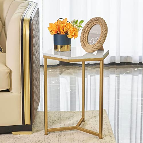 Gold Marble Side End Table With Hexagon Top, Small Coffee Table For Living Room Small Space, Bedroom White Nightstand,16" D X 14" W X 20" H #TOP3