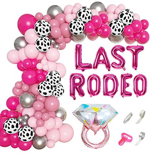 Cowgirl Pink Balloons Arch Garland Kit, 131Pcs Hot Pink Silver Cow Print Last Rodeo Diamond Foil Balloon For Western Disco Cowgirl Birthday Party Bachelorette Baby Bridal Shower Wedding Decorations #TOP1