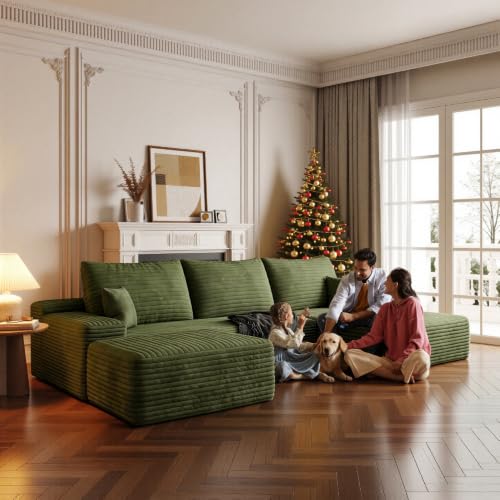 Image of Boneless Couch, Modular Sectional Couches for Living Room, U-Shaped Cloud Couch Sofa with Deep Seat, Fluffy Corduroy Upholstered Corner Sofa