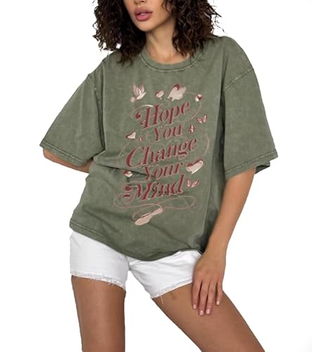 FOMICO Women's Soft Vintage Cotton Washed Army Green T-Shirt Vintage Faded Slogan Printed T-Shirt Daily Casual Short Sleeve Round Neck Shirt