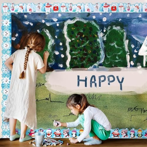 NiuLumea Cenefa de tablón de anuncios de temporada con diseño de copo de nieve, muñeco de nieve, pingüino y oso polar, decoración de papel recubierto para aula o hogar, rollo de 10 m, color azul