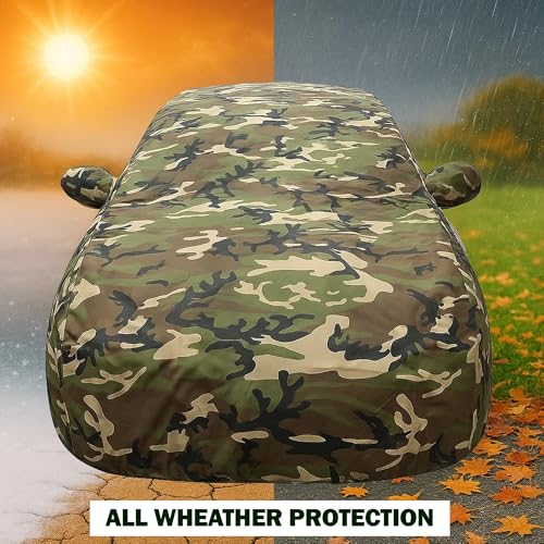 Image of Sulfar 100% Waterproof Car Body Cover Compatible with Mirror for Hyundai i20 Active with Long Lasting Durable Material (Triple Stitched, Full Bottom Elastic, Camouflage Army)