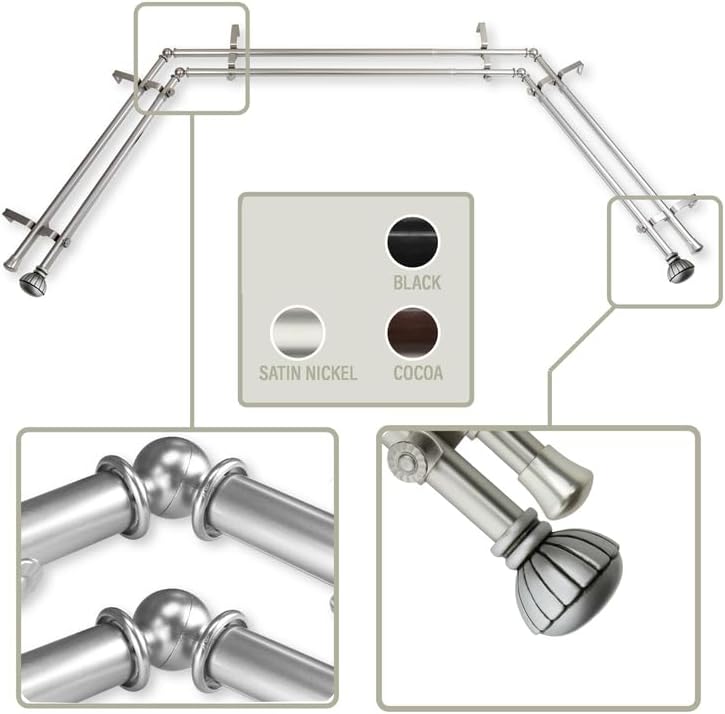 HomeStock Rustic Curtain Rods & Hardware Set - Adjustable Lengths, Satin Nickel Finish, Decorative Finials