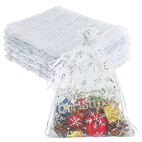 Lot de 100 grands sacs de Noël en organza avec cordon de serrage Motif flocon de neige Blanc 17 x 23 cm Cover