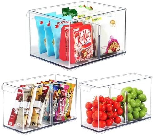 Clear Plastic Storage Bins with Dividers for Fridge Pantry Organi...
