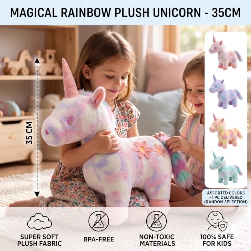 Image of Hug n Feel Premium 35cm Unicorn Soft Toy for Kids | Super Soft Cuddly Stuffed Animal Plush | BPA-Free, Non-Toxic & 100% Safe | Magical Unicorn for Girls & Boys (Assorted Pastel Colors, 1 Piece)