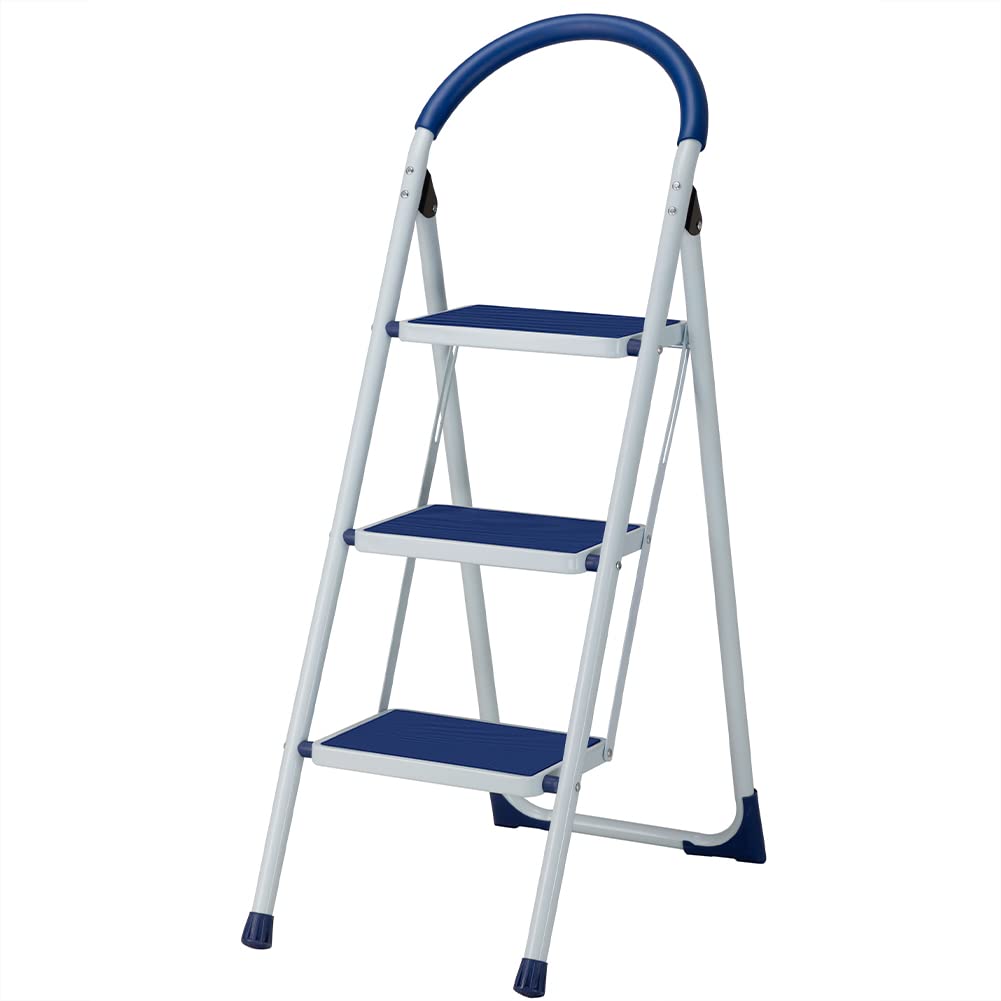 Bakaji Escalera plegable para ahorrar espacio con escalones antideslizantes y asa de seguridad, taburete escalera, estructura acero y revestimiento de goma, capacidad máx 150 kg (3 peldaños azules)