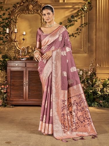 Image of Mehrang Women's Banarasi Silk Kanjivaram Saree For Wedding With Pure Zari Work, Woven Design, With Unstitched Blouse Piece