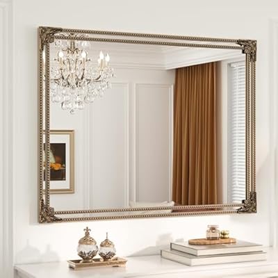 Keonjin Gold Vintage Mirror 30 x 36 Inch, Antique Mirrors Rectangle, Traditional Brass Mantel Decoration, Baroque Style Wall Decor for Hallway, Fireplace, Entryway, Living Room, Anti-Rust, Waterproof