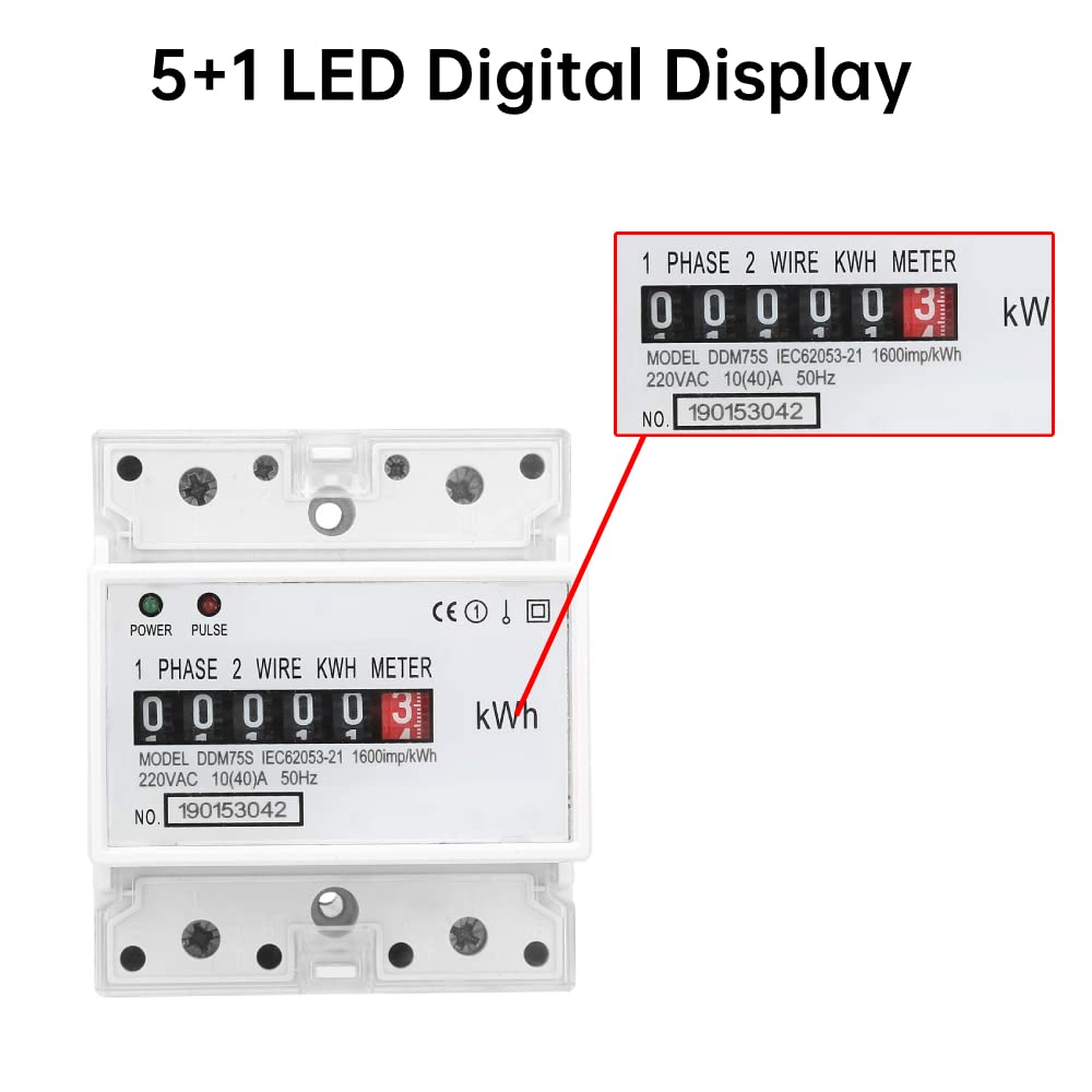 Close-up of the 5+1 LED digital display on the Walfront DDM75S KWh meter