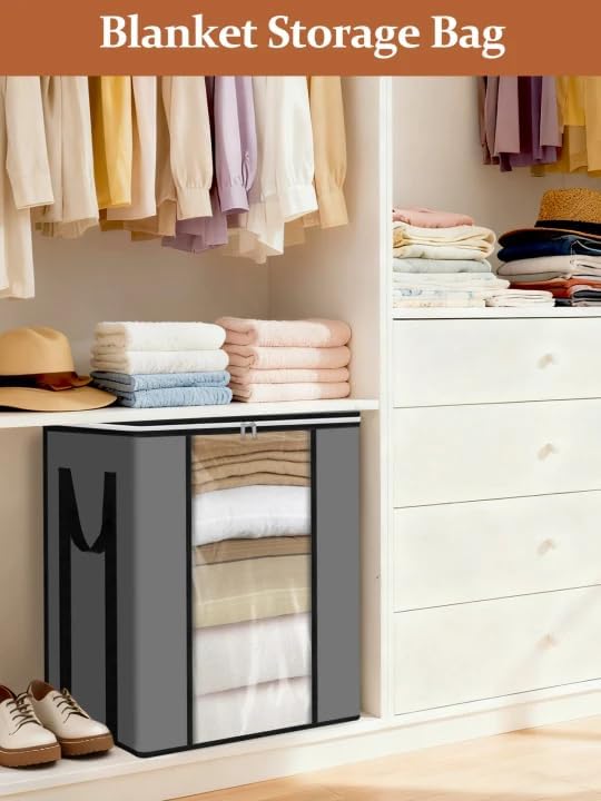 punemi 120L Blanket Storage Bags, Foldable Clothes Storage Organizer with Zipper, Reinforced Handle & Clear windows, Large Storage Bags for Blanket, Comforter, Bedding, Pillow, Clothes, 3Pack, Gray - Image 2