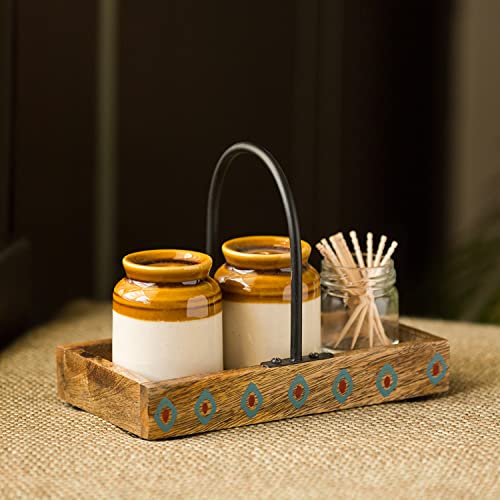 Image of ExclusiveLane Old Fashioned Martaban Ceramic Salt and Pepper Shakers Set with Toothpick Holder & Tray (110 ML)- Salt and Pepper Set for Dining Table Salt and Pepper Dispenser SaltPepper Sprinkler Set