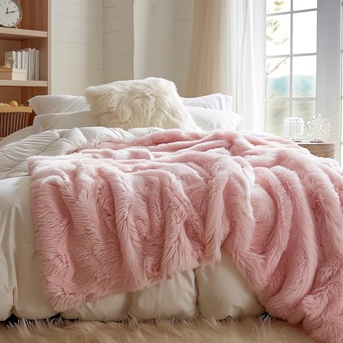 Blush Pink Throw Blanket - Fluffy Shaggy Faux Fur, Ultra Soft and Fuzzy Reversible Blankets by Hyde Lane, 50x60 in Rose Gold - Thumbnail 4