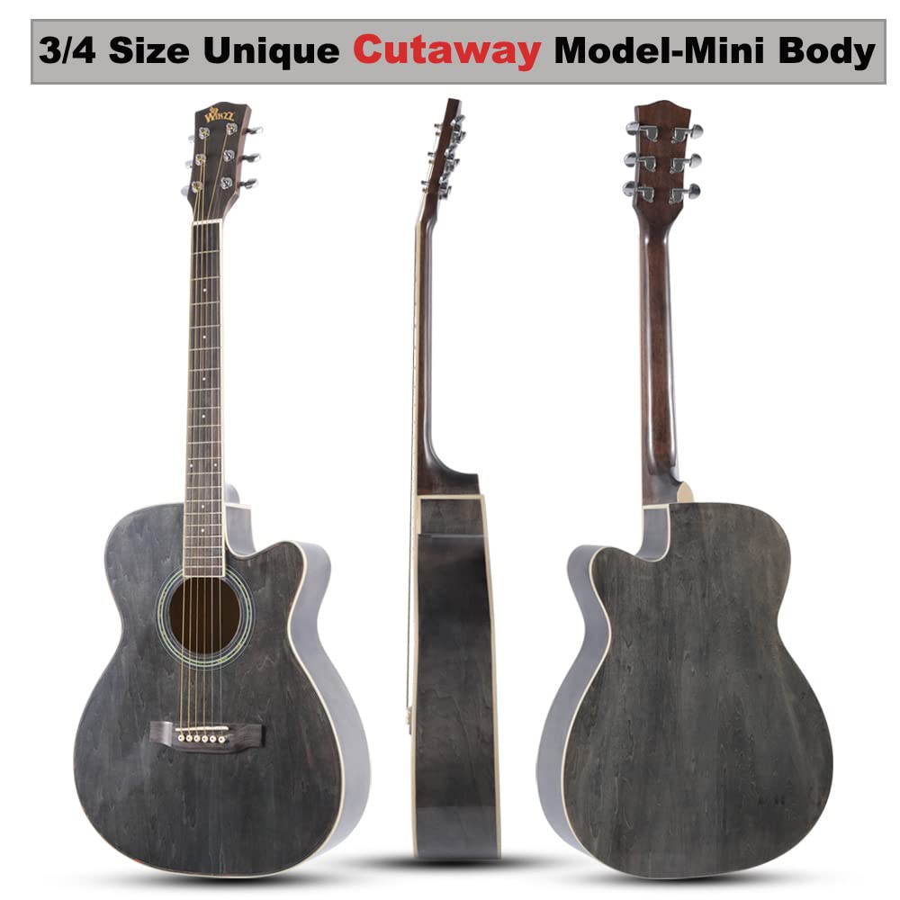 Winzz Guitare Enfant 3/4, Guitare Acoustique Adulte, Kit Guitar Folk pour Débutant 36 Pouces (Noir-gris, Cordes en acier)