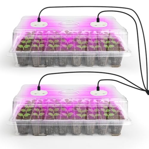 Bonviee 2-Pack Seed Starter Tray with Plant Light, Elevated Seedling Starter Trays Kits with Adjustable Humidity Domes and Clear Cell Tray, 12 Full Spectrum Led Lamp Beads for Plants Indoor-
