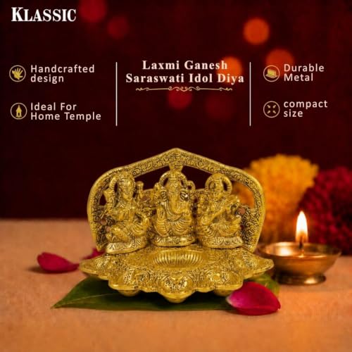 Image of Klassic Laxmi Ganesh Saraswati Idol Diya Oil Lamp | Elegant Metal Puja Deepak for Home Temple, Diwali Puja & Festive Decoration | Traditional Spiritual Showpiece & Gift Item (Pack of 1)