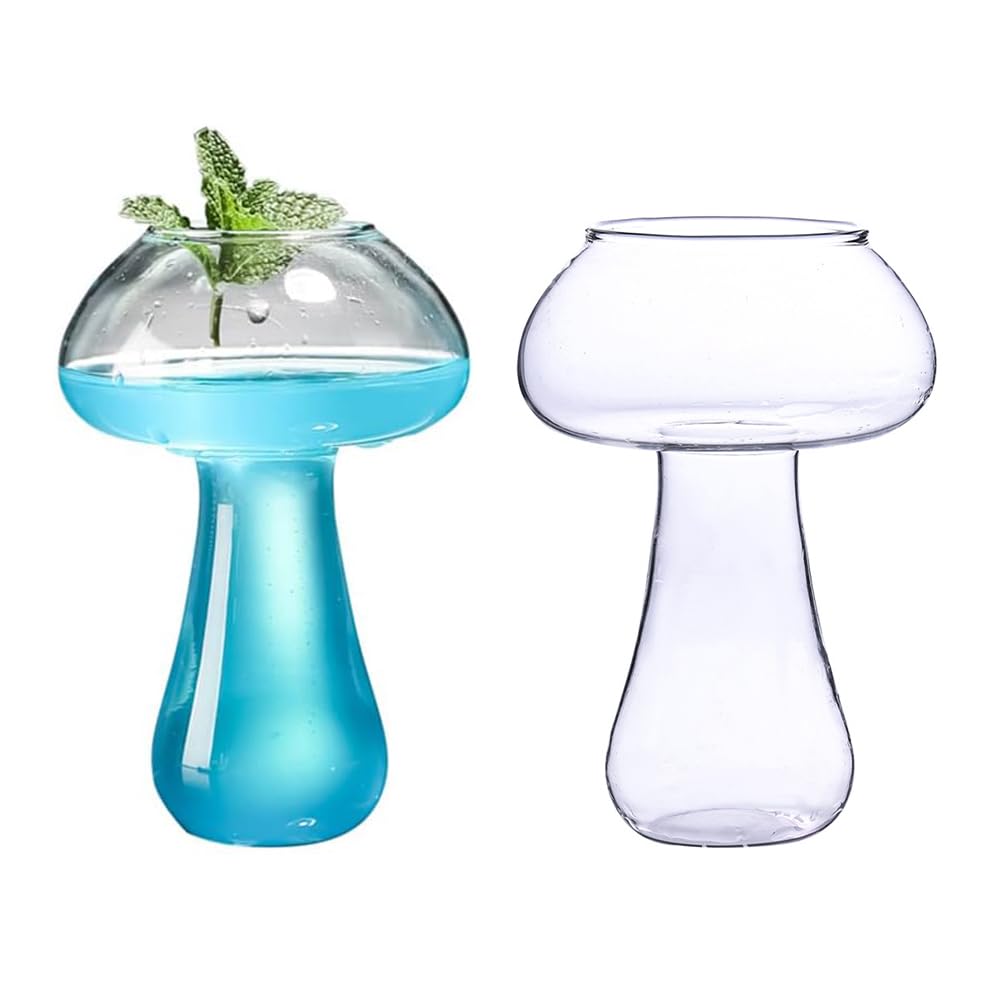 JOYWU 2 Pcs Mushroom Glass Cup,8 Oz Cocktail Mushroom Glasses,Mushroom Shaped Glass Drinks Cups,Creative Drinking Glasses,Iced Coffee Cups,Bubble Glasses,Wine Glass,Martinis Cups,Juice Glasses