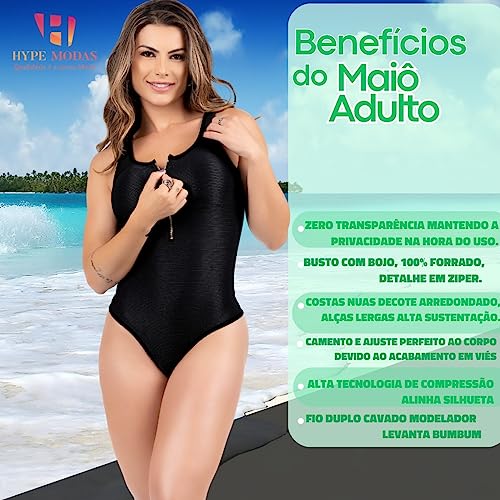 Maiô Feminino Fio Duplo Com Zíper No Busto Costas Cavadas Cor:Preto;Tamanho:G-42-44