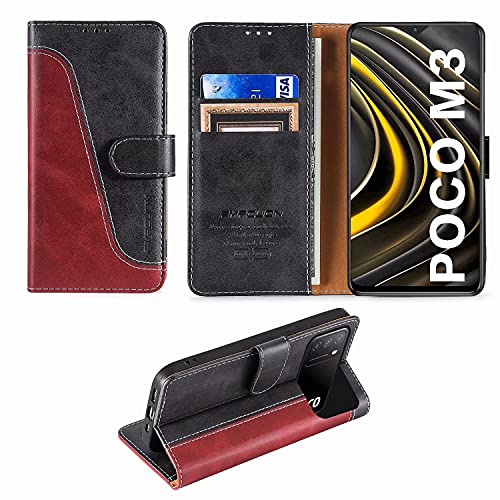 FMPCUON Funda Compatible con Xiaomi Poco M3/Redmi 9T, Funda Tapa Libro Movil Carcasa PU Cuero para Xiaomi Poco M3/Redmi 9T [Ranura para Tarjeta] [Función de Soporte]Xiaomi Poco M3/Redmi 9T,Rojo/Negro Cover