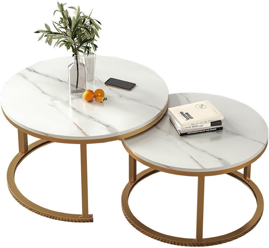 Coffee Table Nesting Set of 2 Side Set Golden Frame Circular Round and Marble Pattern Wooden Tea Eating Tables, Center Couch Tablw Living Room Bedroom Apartment Modern Simple Nightstand(Gold frame,70+