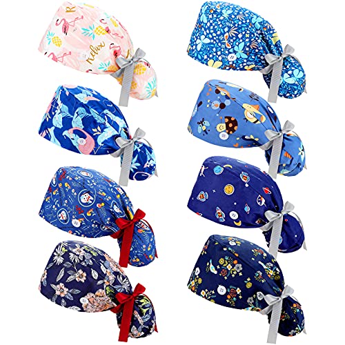 Honoson 8 Pcs Scrub Caps Women Nurse Surgical Hat with Buttons Bouffant Sweatband Adjustable Ponytail Holder Pouch Tie Back
