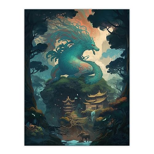 Artery8 Japanese Blue Dragon over Temples Concept Art Painting Green Orange Blue Azure Mythical Creature Guardian Spirit Lush Forest Landscape Extra Large XL Wall Art Poster Print