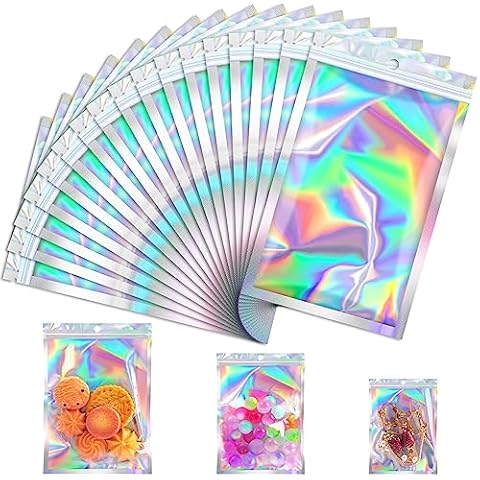 JETMORE 100 Pcs Mylar Bags, Holographic Bags, Smell Proof Bags, Resealable Bags for Small Business, Freshie Bags, Sample Bags, Small Baggies Foil Pouch for Candy, Treat, Jewelry, Bracelet (3x5in) Cover